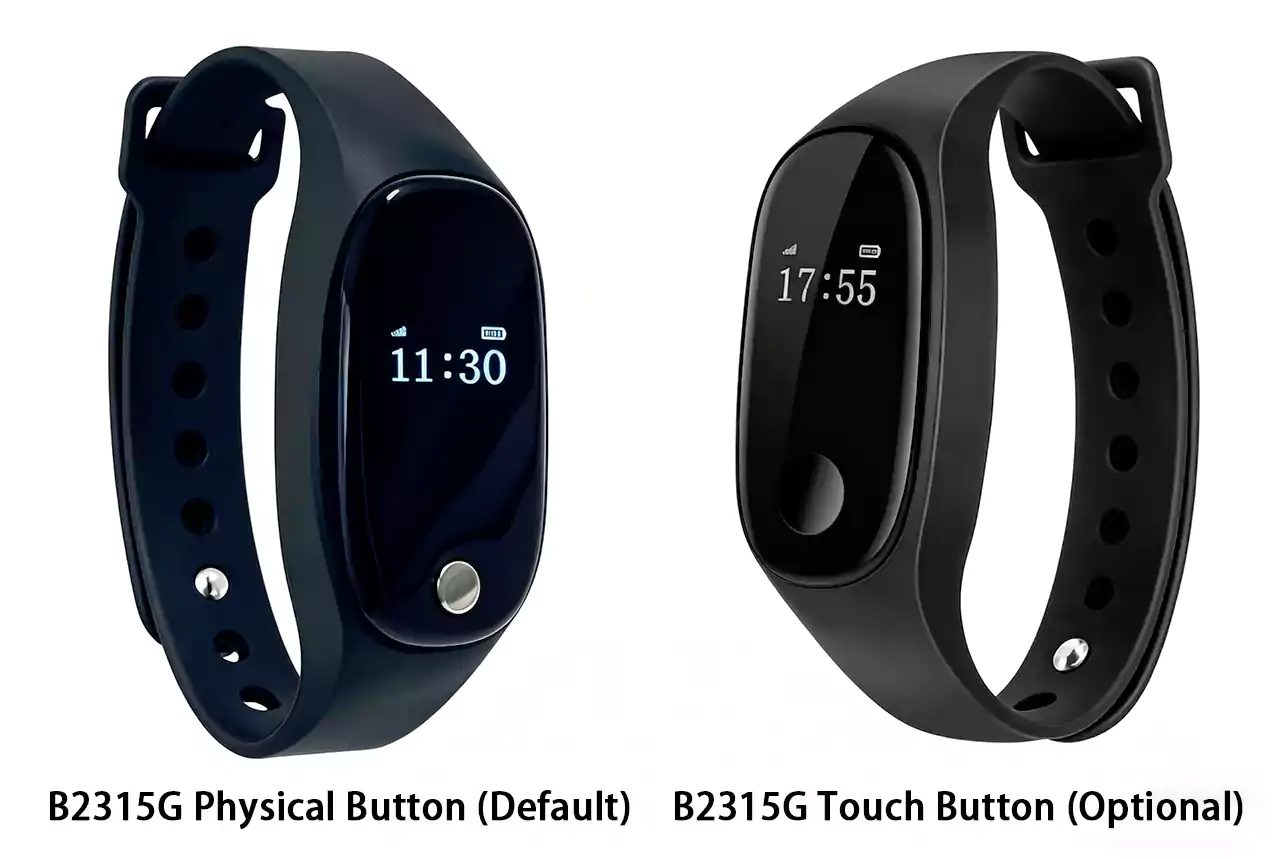 B2315 series health wristband front and side view, black silicone strap with OLED display and sensor back