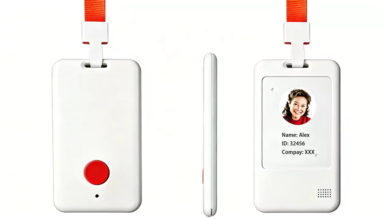 G805 series badge front view – large SOS button, lanyard form factor