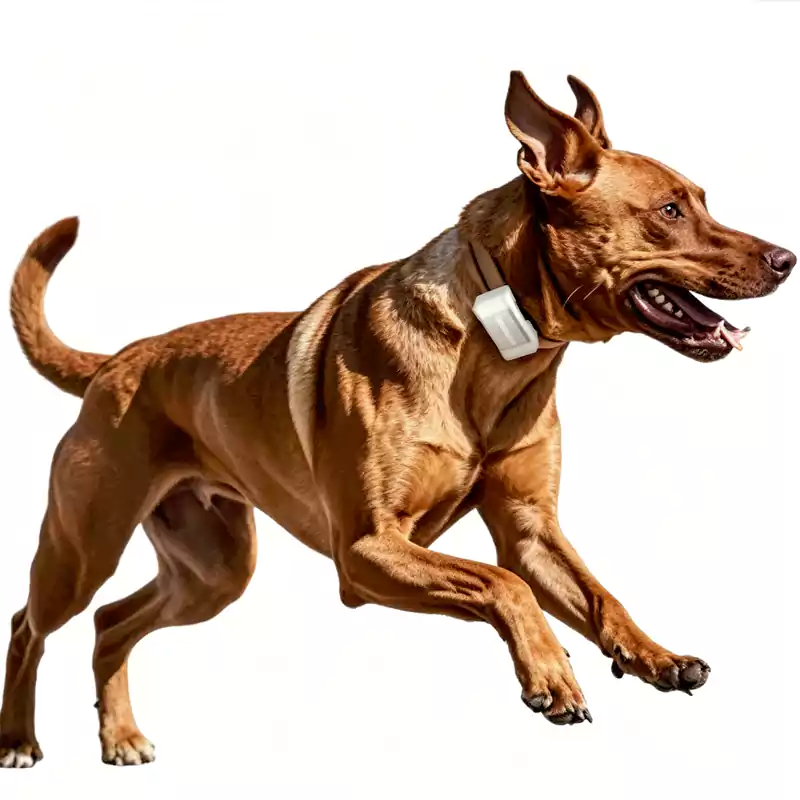 A running dog wearing the G638 Series tracker, demonstrating active use and outdoor durability