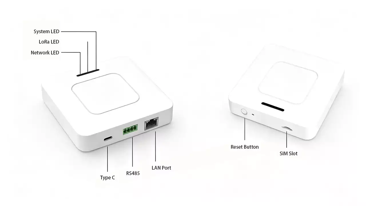 LG620 functional diagram showing LoRaWAN gateway connecting to sensors via LoRa, uplink via 4G/Ethernet, and RS485 to Modbus devices