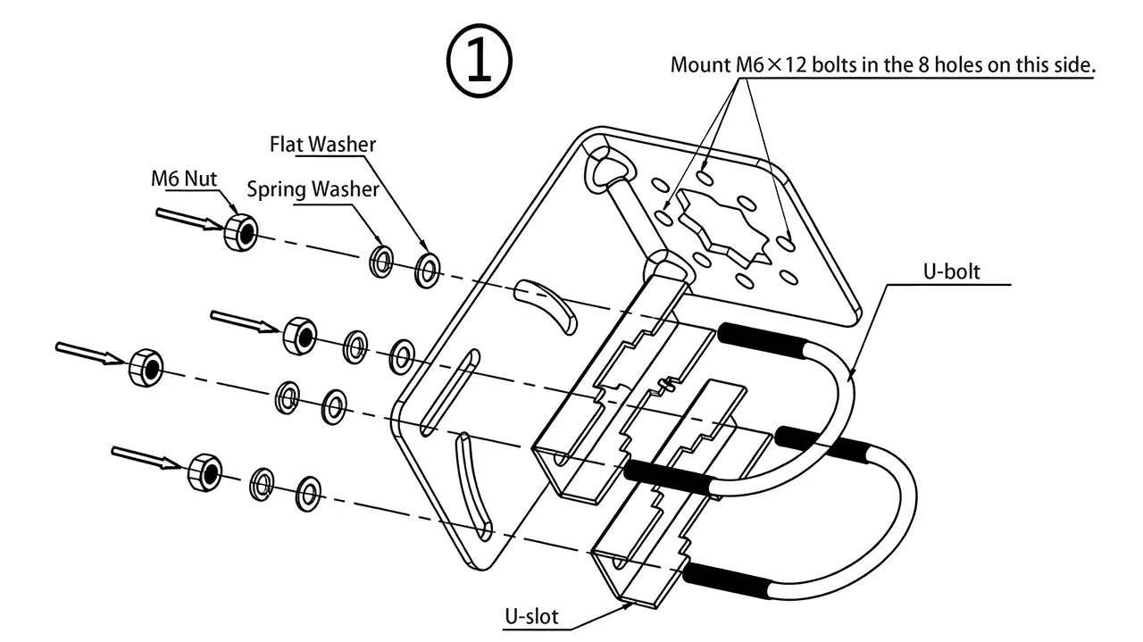 Installation diagram 1: Pole mounting using M6 U-bolts, vertical orientation with antennas upward