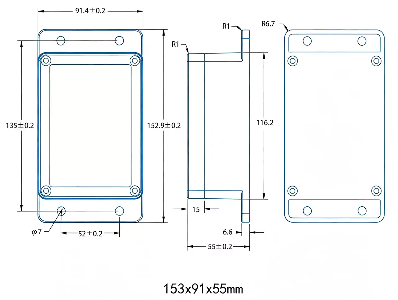 UB01 mechanical drawing with dimensions and mounting hole positions