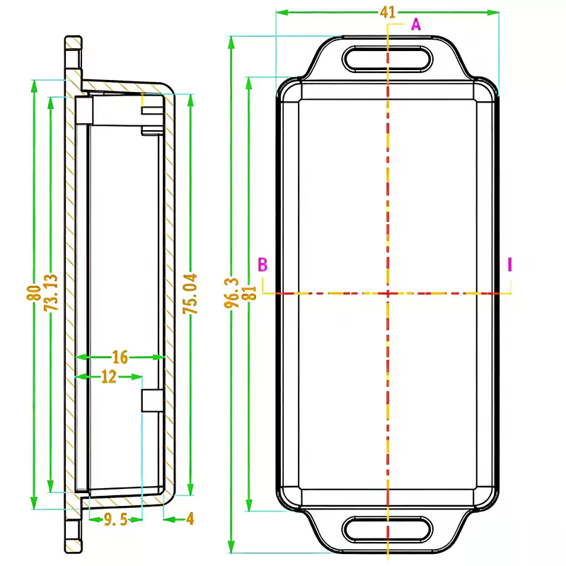 OV01 mechanical drawing with dimensions: 80mm length, 36mm width, 18mm height, mounting hole positions